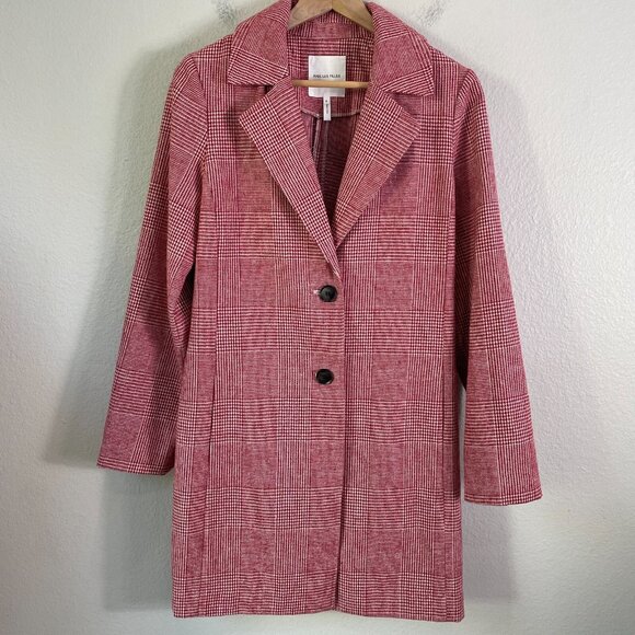 Avec Les Filles Womens Small Red White Plaid Notch Collar Trench Jacket Coat - Picture 5 of 12